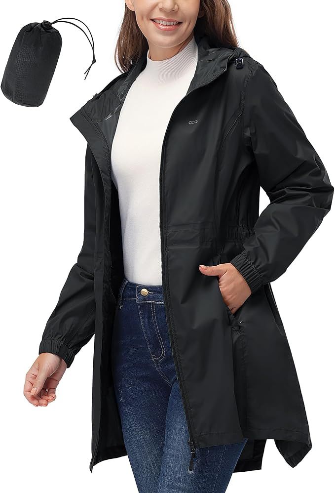 33,000ft Women's Waterproof Long Rain Coats, Packable Rain Jacket with Hood, Trench Coats, Windbreaker