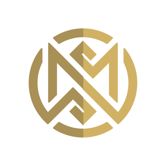 A gold letter m in a circle on a white background