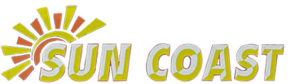 A logo for sun coast with a sun in the middle