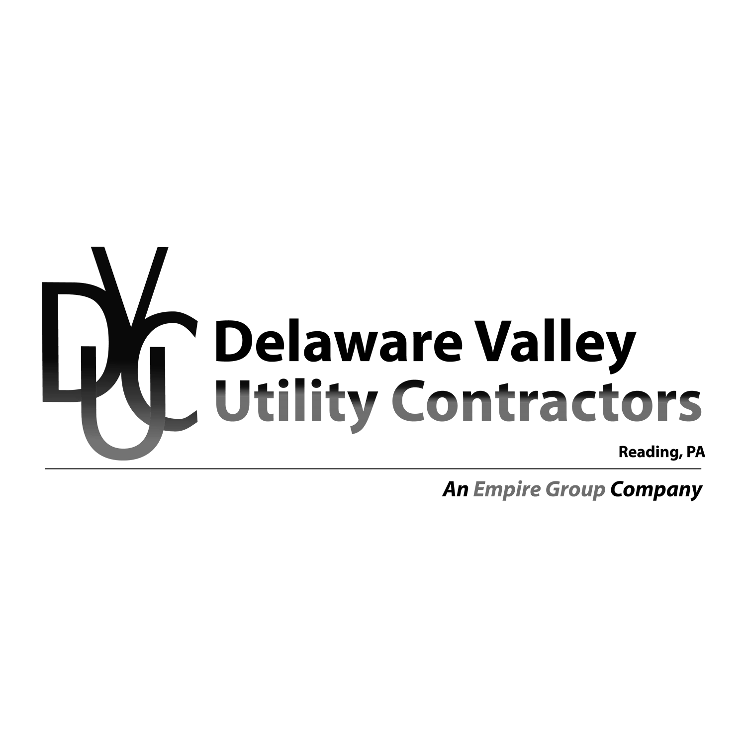 The logo for delaware valley utility contractors is black and white.