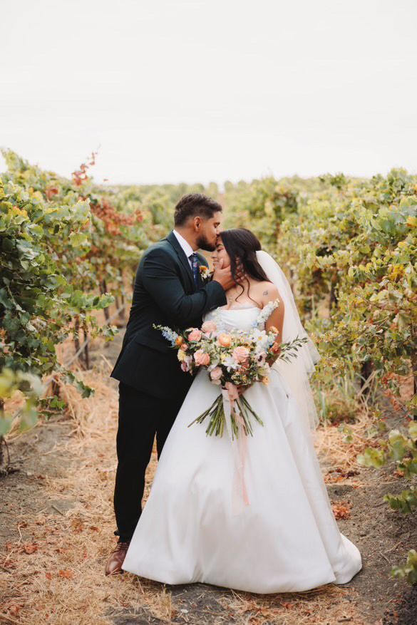 A bride and groom are kissing in a vineyard.