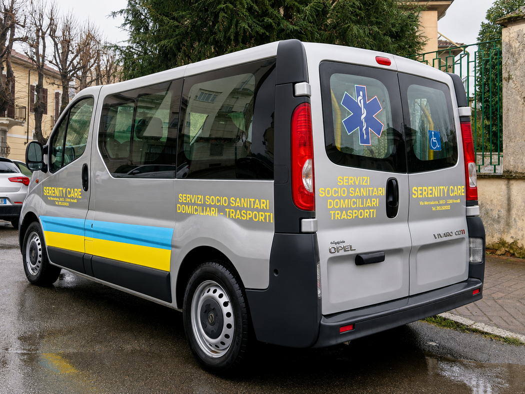 Un minibus blu e argento parcheggiato su una strada bagnata, con la scritta