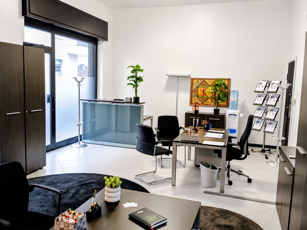 Sala relax moderna in ufficio con scrivania, sedie, scaffali, armadietto blu e una pianta vicino a una porta a vetri.