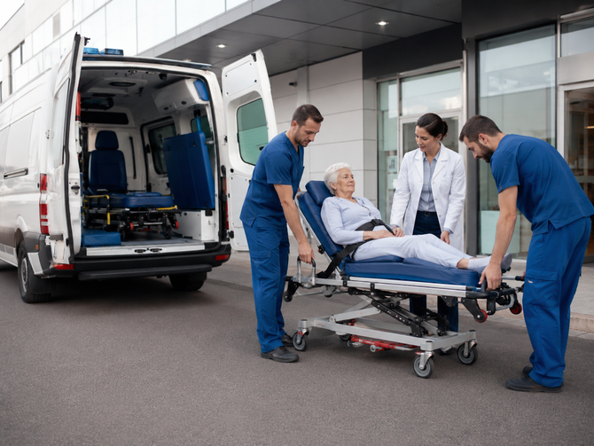 I paramedici caricano un paziente su una barella in un'ambulanza fuori da un ospedale.