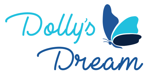 A logo for dolly's dream with a blue butterfly on a white background.