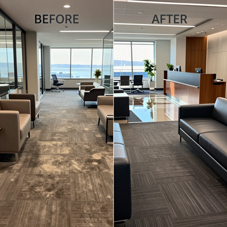 Side-by-side before and after office lobby with new carpet, black seating, and a bright reception desk