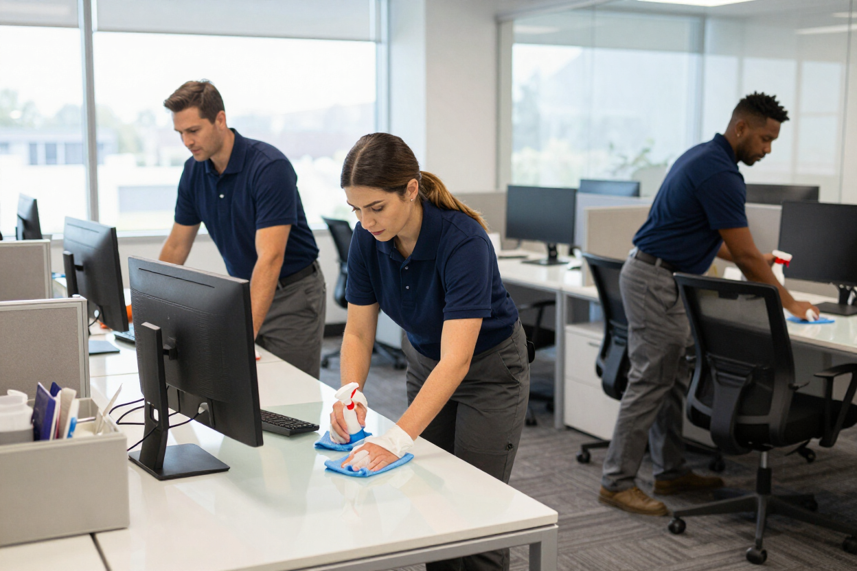 Office workers cleaning desks in a bright open-plan workspace.