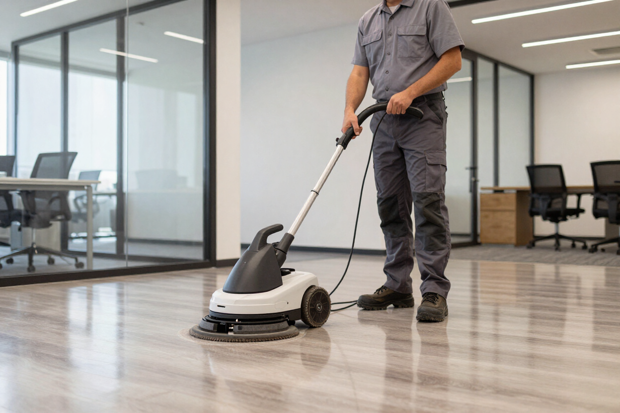 Person operating a floor scrubber in a modern office lobby with glass-walled meeting rooms.