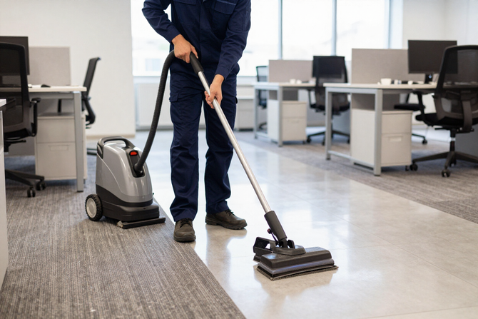 Person vacuuming a modern office floor with a canister vacuum cleaner