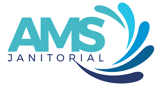 AMS Janitorial logo in teal and dark blue with stylized swoosh design