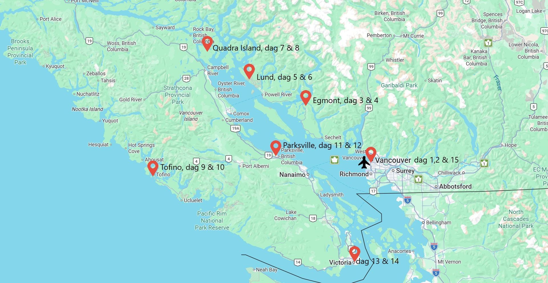Kaart van Canada met verschillende rode markeringen van steden en routes.