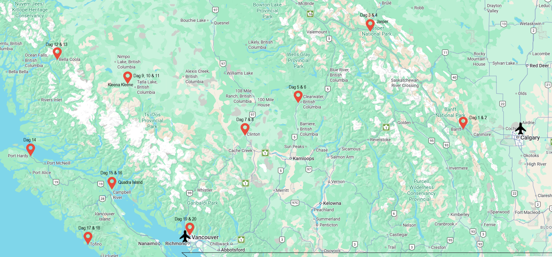 Routekaart voor een rondreis door West Canada
