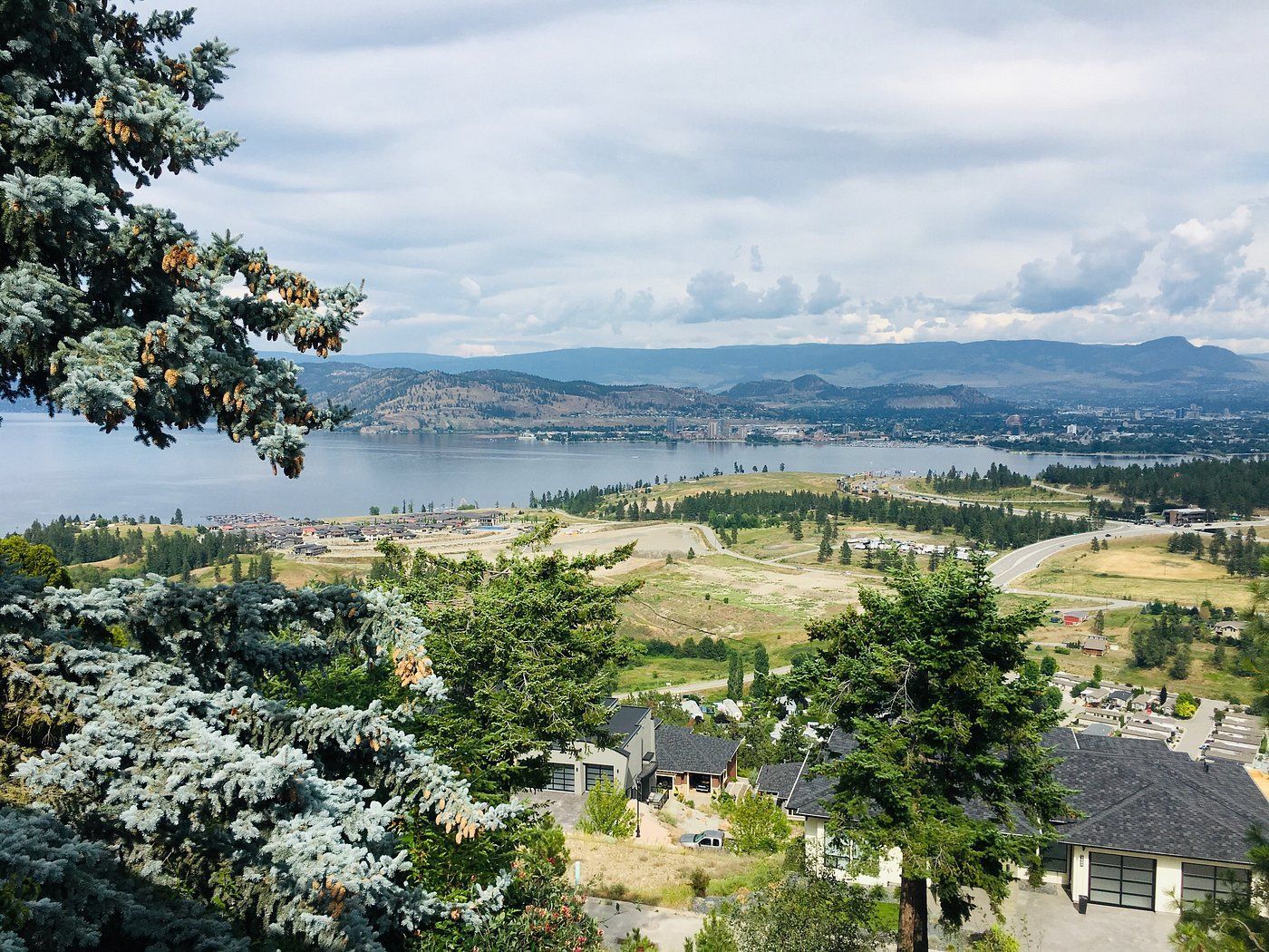 Schilderachtig uitzicht over de baai, huizen en velden, omlijst door bomen onder een bewolkte hemel.