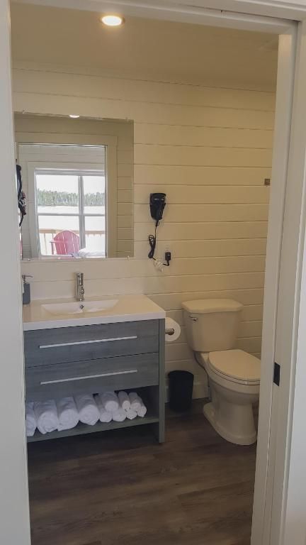 Kleine badkamer met een wit wastafelmeubel, spiegel, toilet en een donkere houten vloer, zichtbaar door een deuropening.