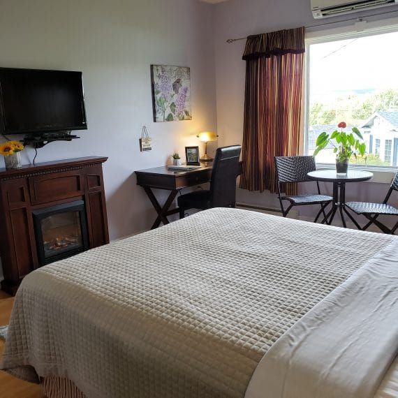 Gezellige slaapkamer met een bed, tv, bureau, stoel en een groot raam waar het zonlicht doorheen schijnt.