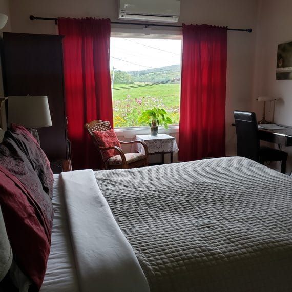 Gezellige slaapkamer met rode gordijnen, een bed, stoel, bureau en een raam met uitzicht op groene heuvels.