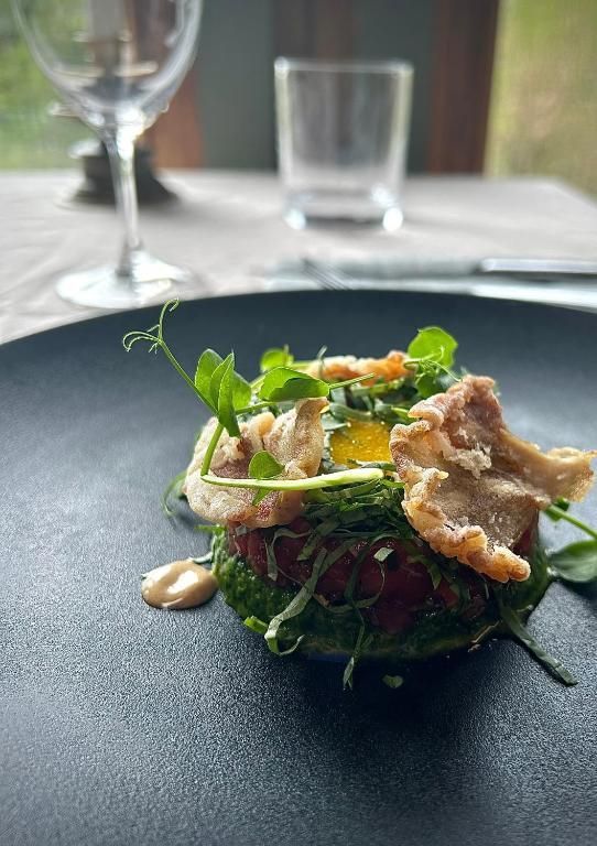 Een gastronomische salade op een zwart bord met groene bladgroenten, knapperige garnering en saus, geserveerd in een restaurantomgeving.