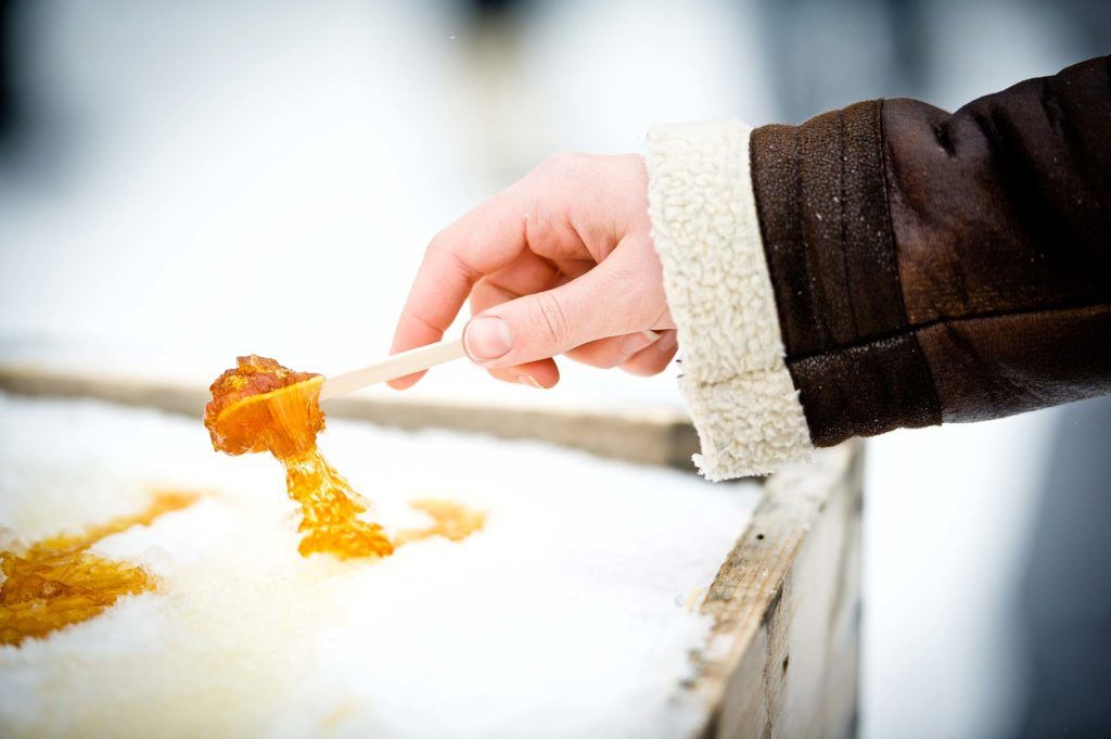 Een hand in een bruine mouw schept oranje voedsel uit de sneeuw op een bankje buiten.
