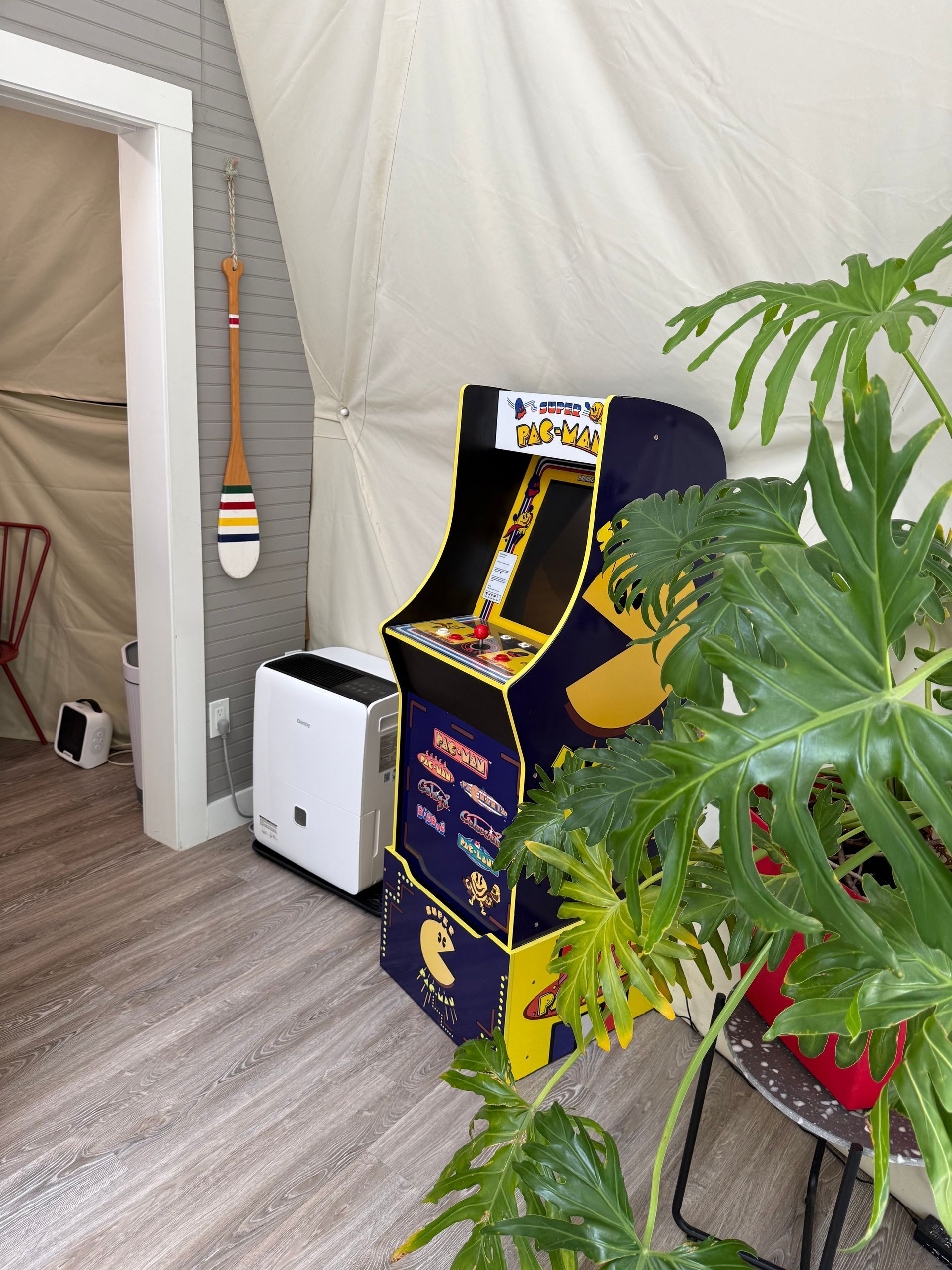 Binnenruimte in een dome tent van Balsam Ridge Forest Domes met een gele arcadekast, een witte luchtreiniger en een grote potplant bij een deuropening.