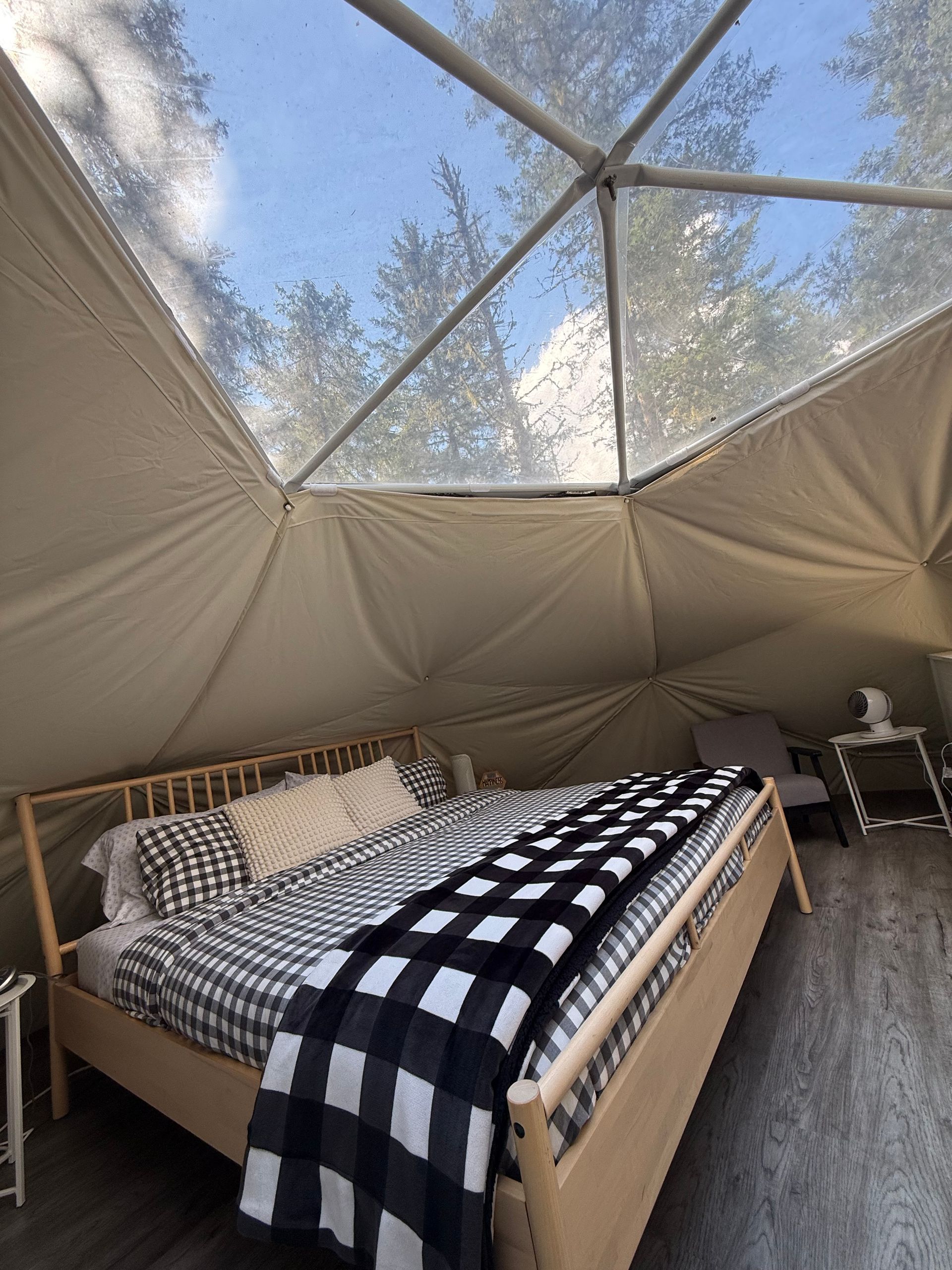 Bed met zwart-wit geruite deken in een dome tent van Balsam Ridge Forest Domes onder een dakraam.