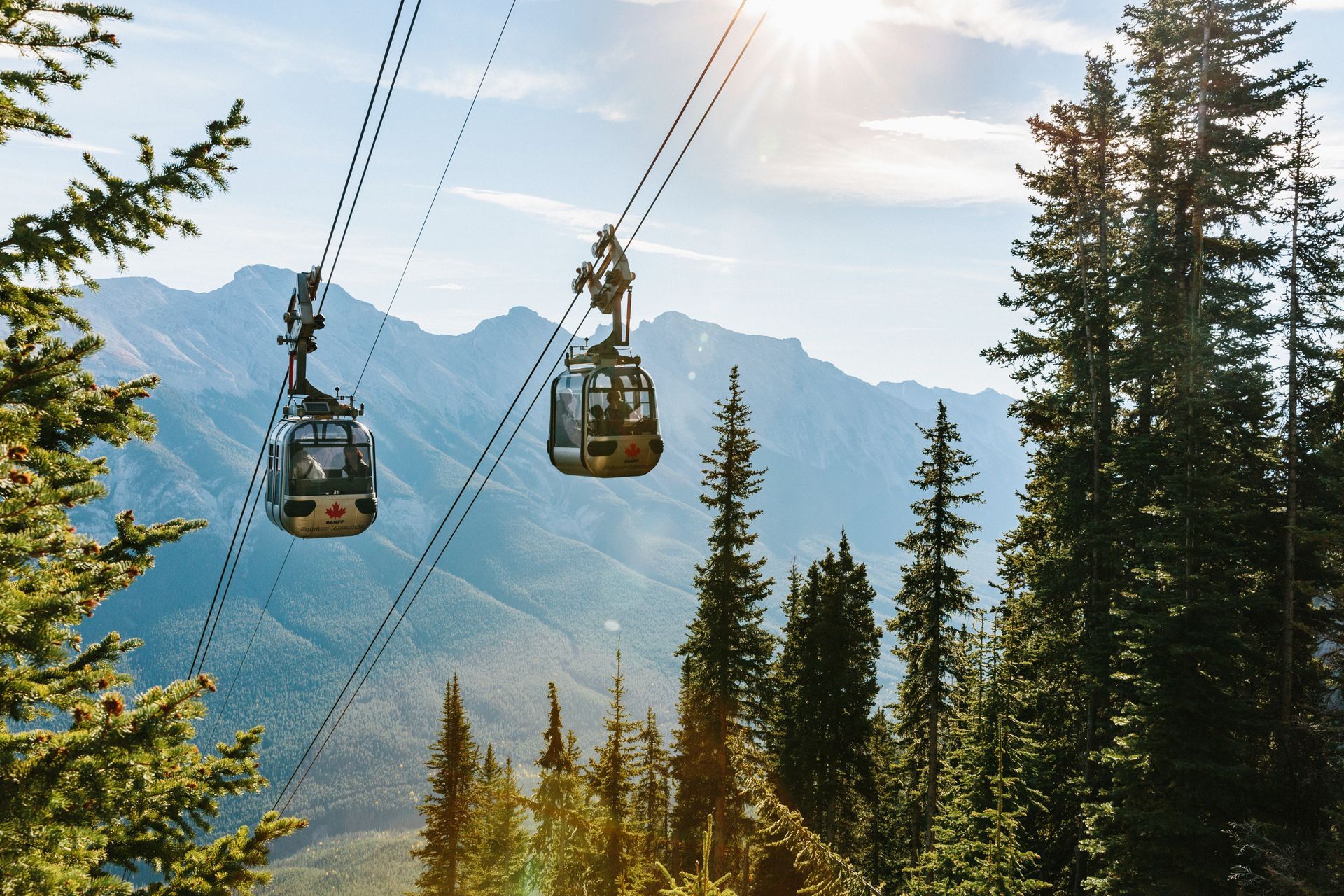 Kabelbanen van Banff Gondola in Banff National  Park boven een beboste bergvallei onder een heldere hemel.