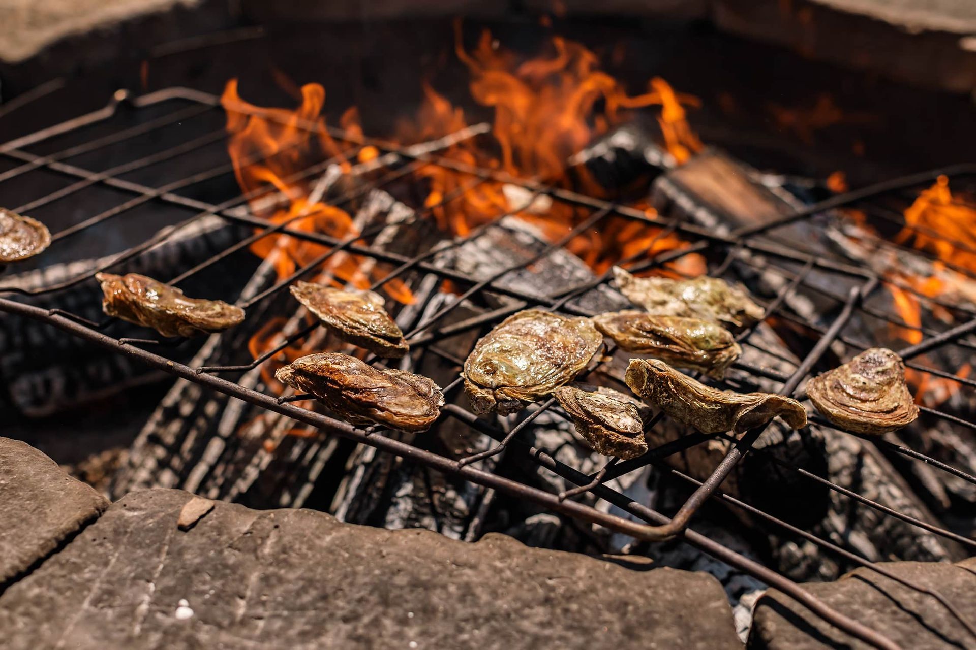 Spiesjes met vlees en groenten die boven open vuur op de barbecue worden gegrild.
