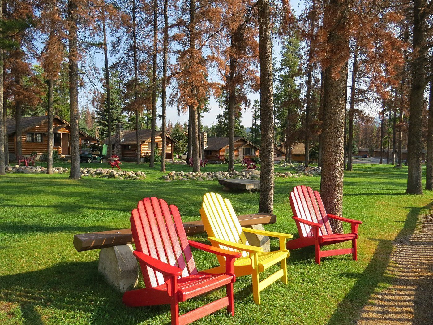 Kleurrijke Adirondack-stoelen op een grasveld te Becker's Chalets Jasper, tussen hoge bomen en hutten.