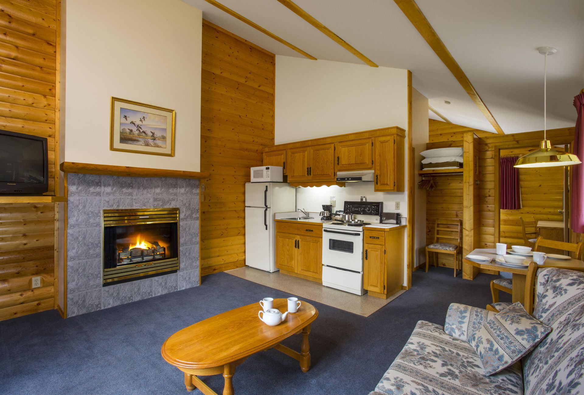 Gezellige woonkamer met open haard, kleine keuken, blauw tapijt en houten lambrisering.