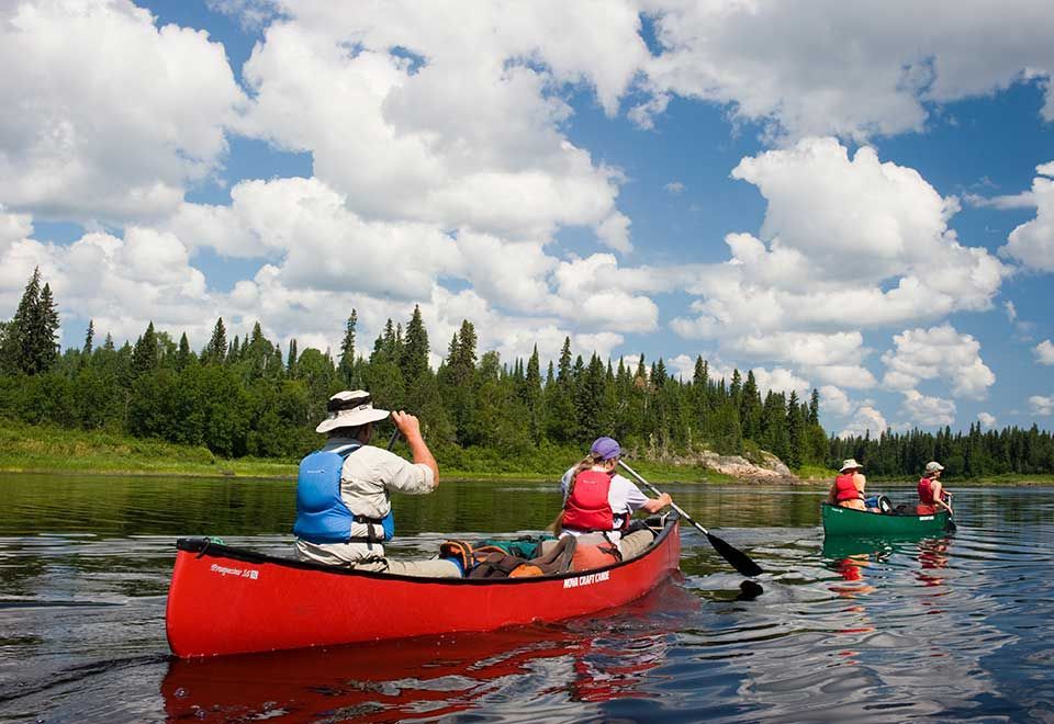 Kanovaarders in rode en groene kajaks peddelen op een kalme rivier onder een bewolkte hemel, met beboste oevers.