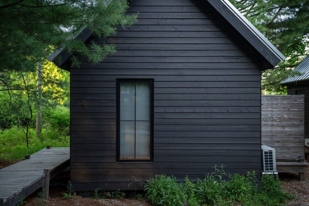 Een kleine, donkere houten hut van Black Forrest Cabins, Mahone Bay met een raam, omgeven door bomen en groen.