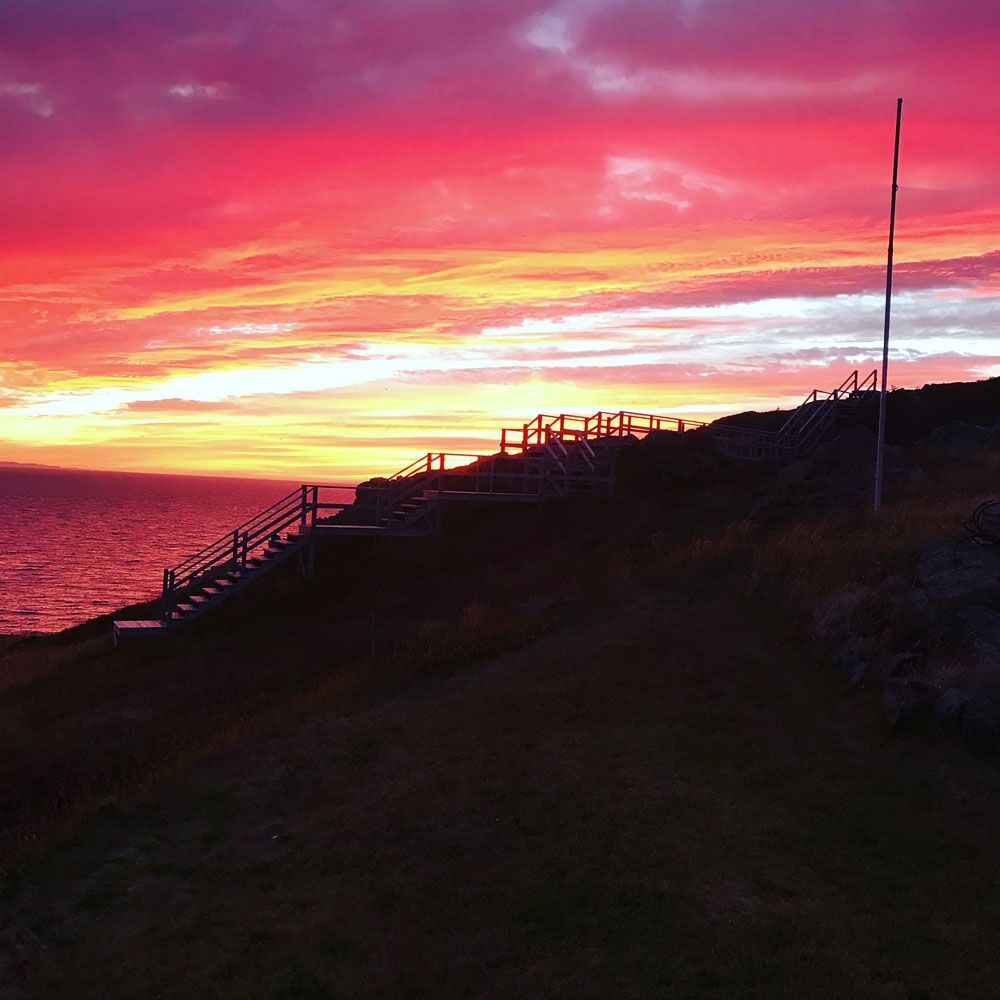 Zonsondergang boven een rotsachtige kustlijn met een levendige roze-oranje lucht en silhouetten van leuningen op een pad op een heuveltop.