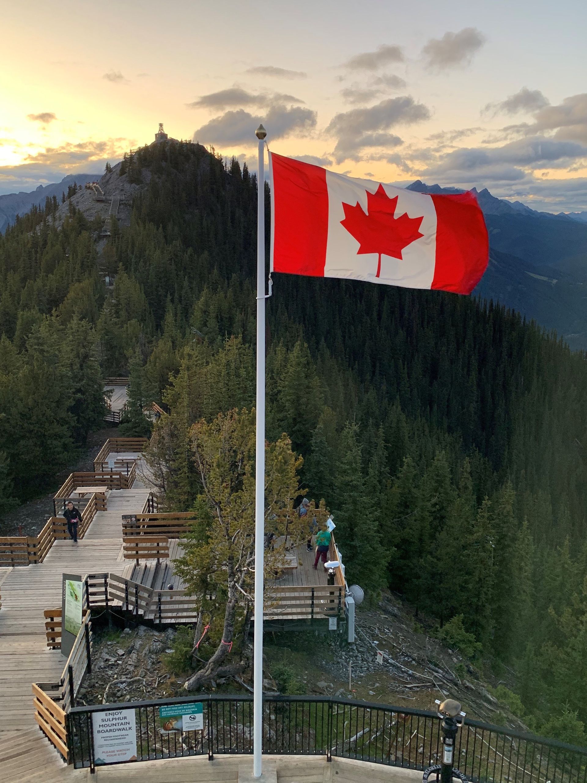 De Canadese vlag wappert boven een uitkijkpunt in de bergen met houten trappen bij zonsondergang in Banff National  Park .
