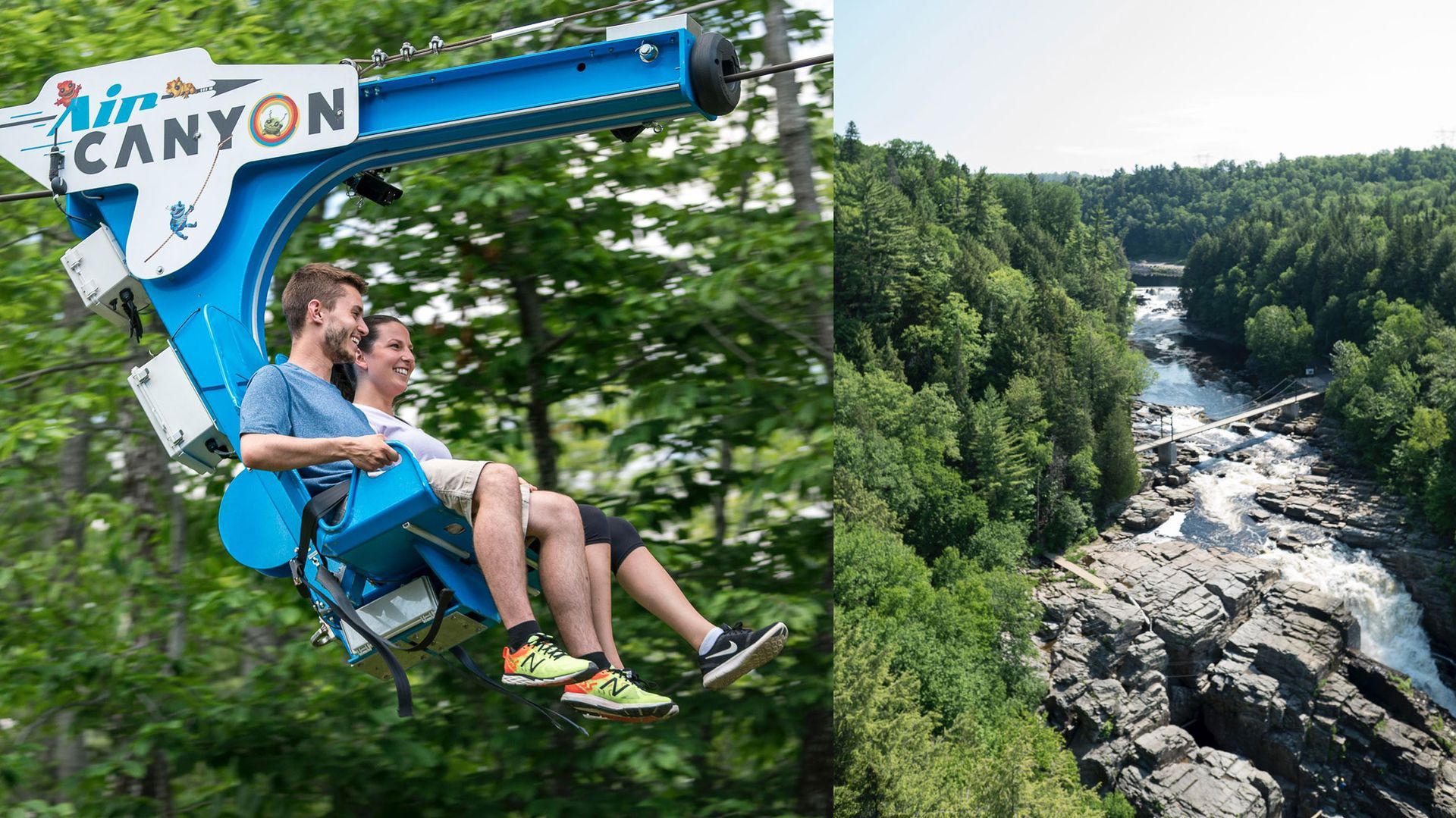 Een persoon zweeft met een zipline over een beboste rivierkloof in een blauwe stoeltjesliftachtige constructie.
