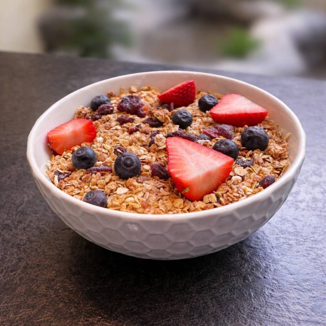 Een kom granola met aardbeien en bosbessen erop, op een donkere tafel.