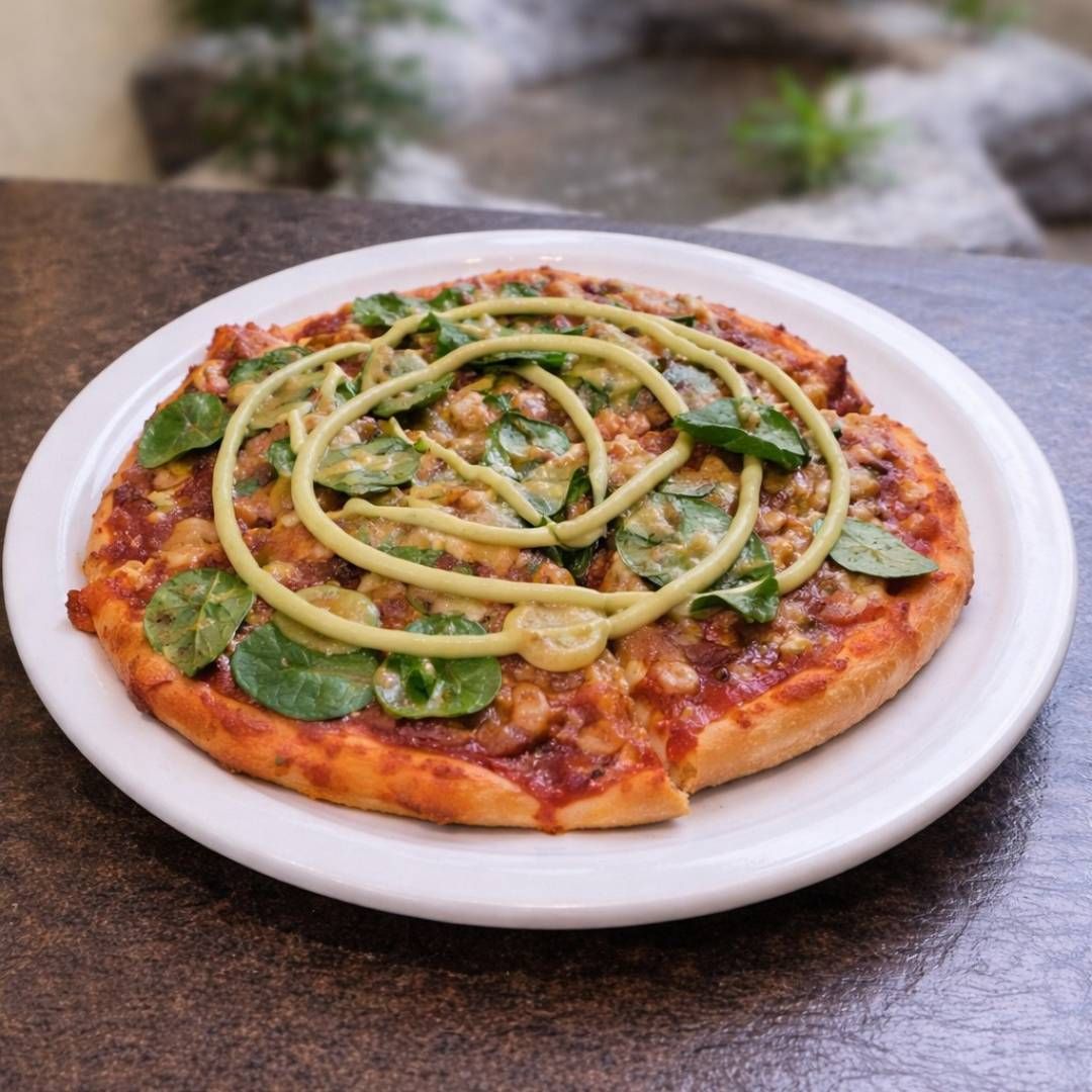 Pizza belegd met een pestospiraal en verse basilicum, geserveerd op een wit bord buiten.
