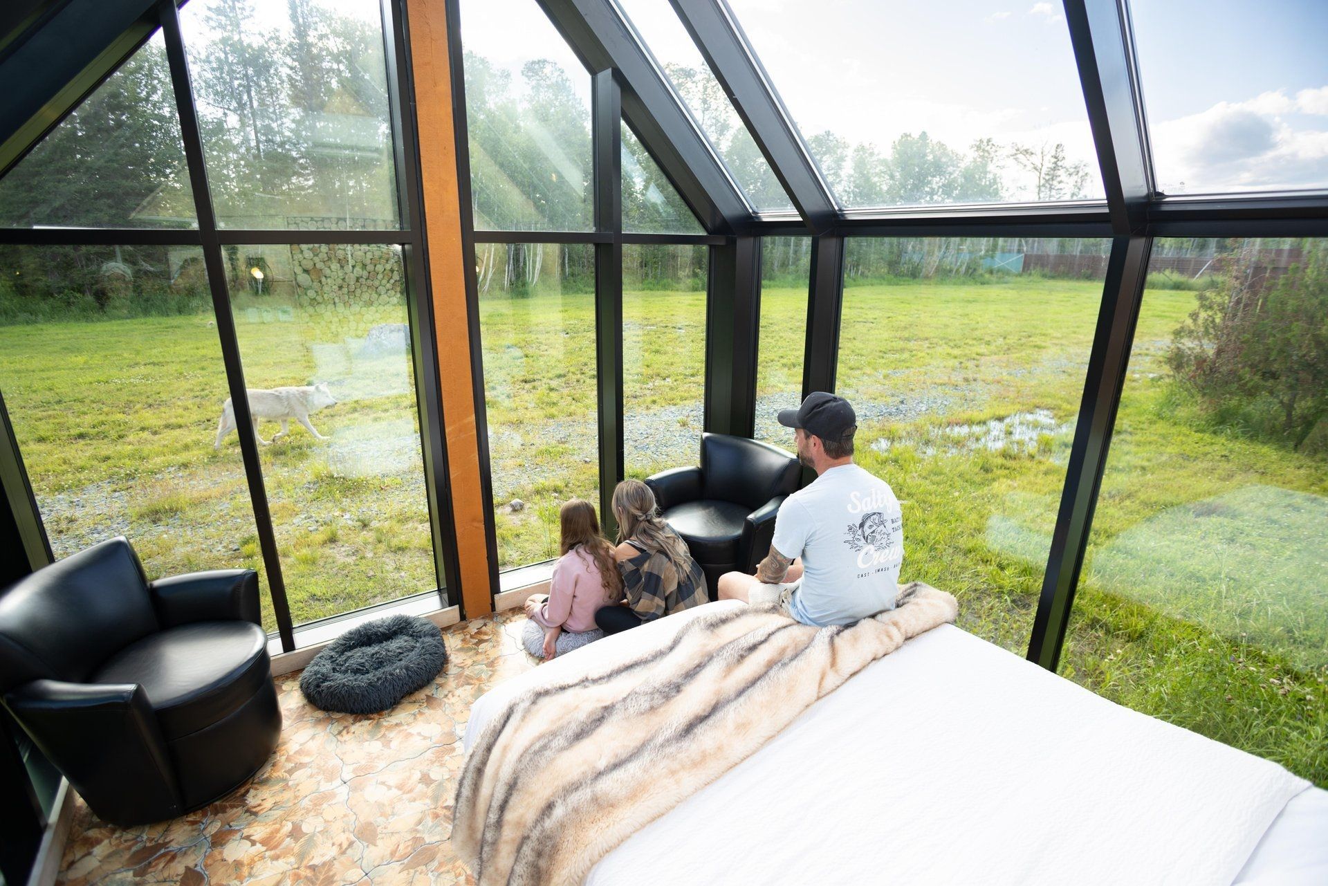 Een kamer met glazen wanden, waar twee mensen op een bed en stoelen op de grond zitten, met uitzicht op een regenachtig groen veld.