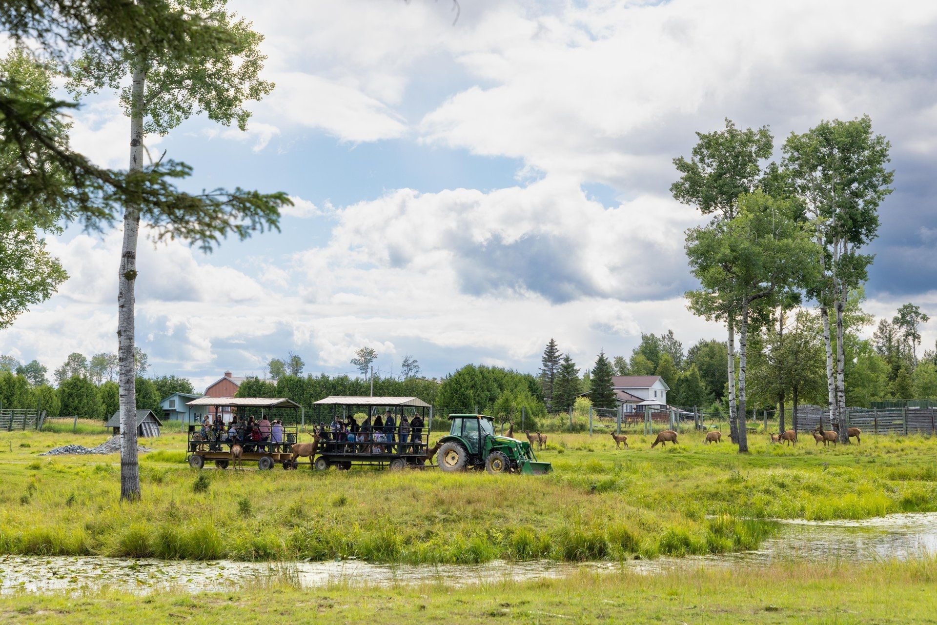 Een groene tractor trekt een kar met mensen over een grasveld onder een bewolkte hemel.