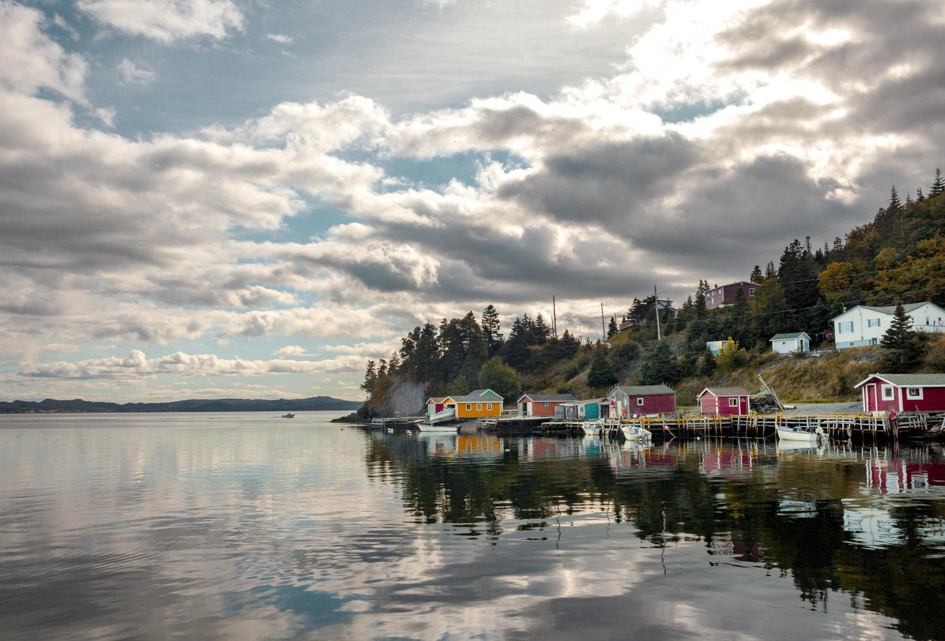 Rustige waterkant met kleurrijke huizen bij Dildo Newfoundland met bomen en een bewolkte hemel die weerspiegeld wordt in het stille water.