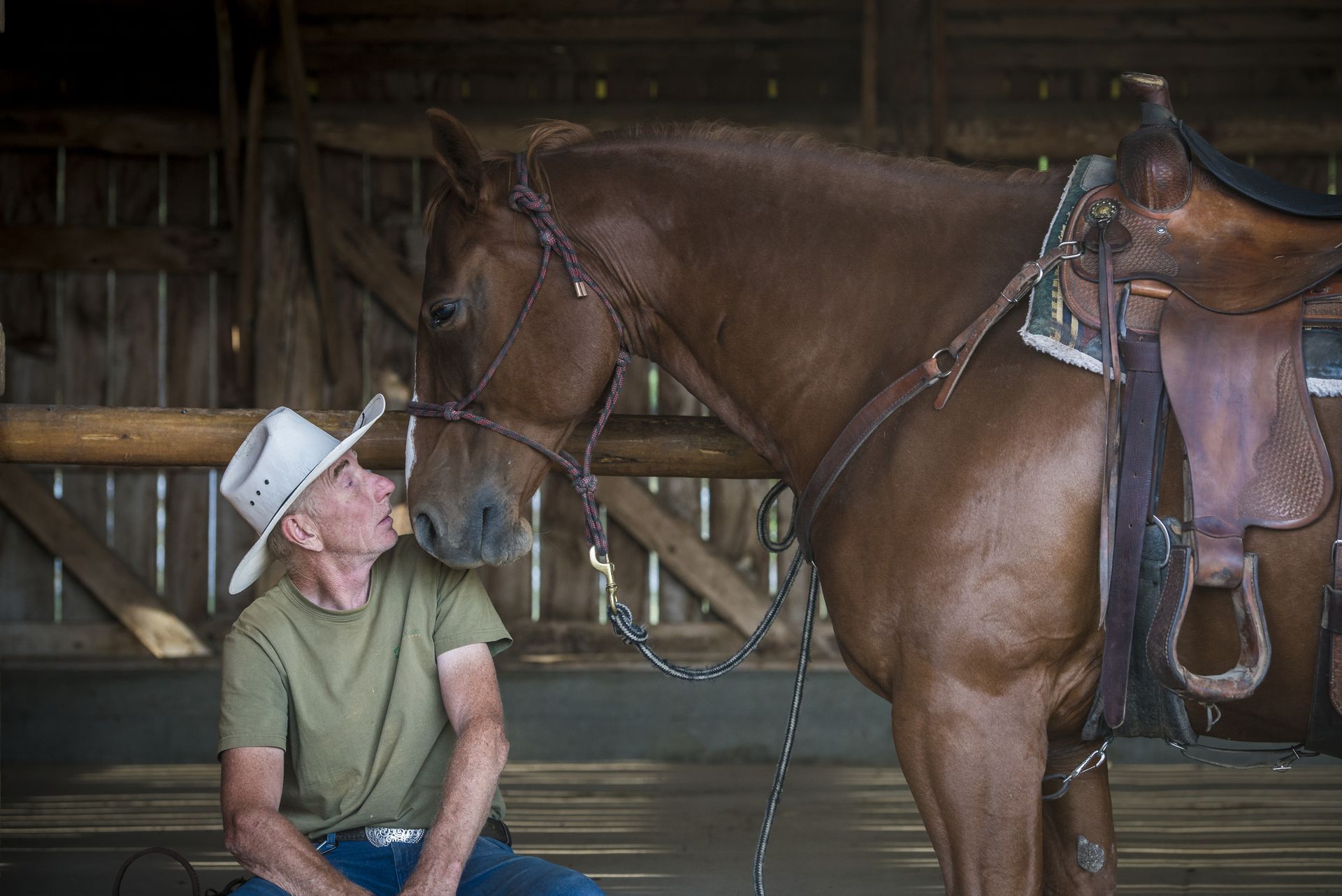 Een paard staat gezadeld in een schuur van de Echo Valley Ranch, met een man met een witte hoed die naar haar opkijkt en de teugels vasthoudt.