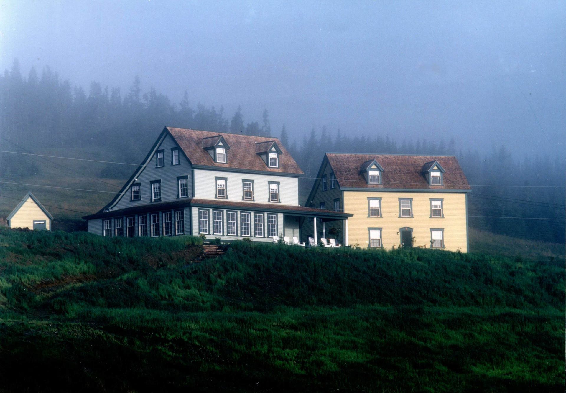 Twee huizen van Fisher's Loft Inn in Port Rexton op een grasheuvel in de mist, een grijs en een geel, met daarachter een nevelig bos.