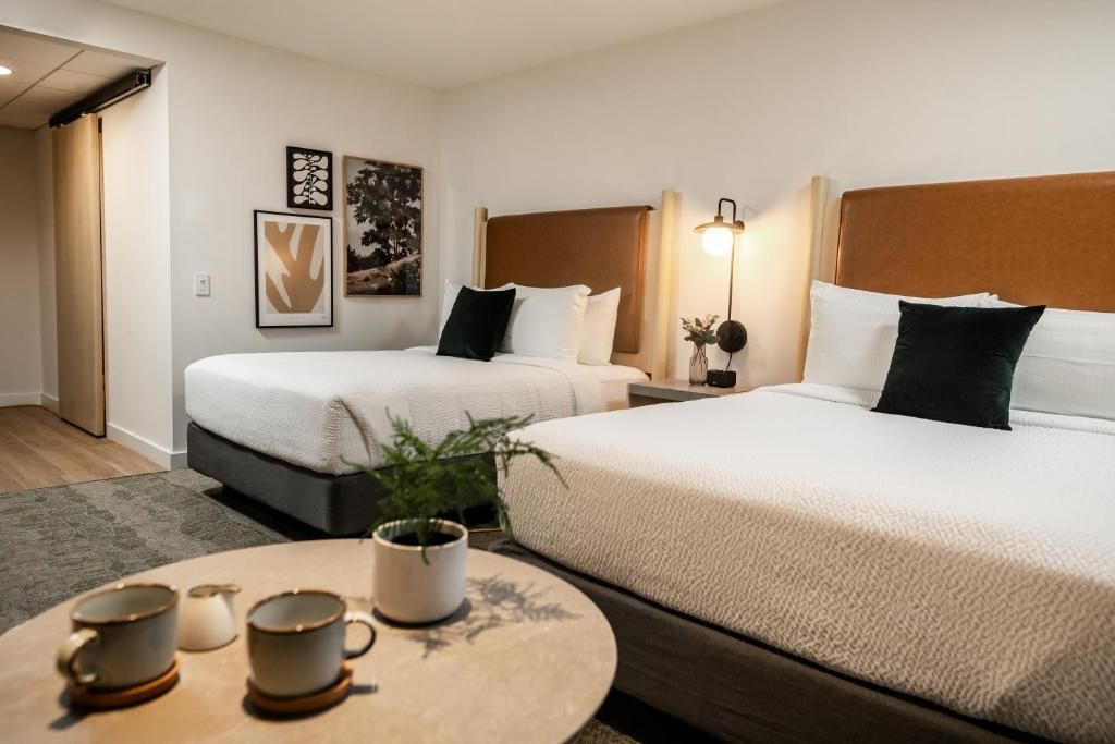 Moderne hotelkamer bij Forest Park Hotel, Jasper met twee bedden, warme verlichting, kunst aan de muur en een tafeltje met kopjes en een plant.