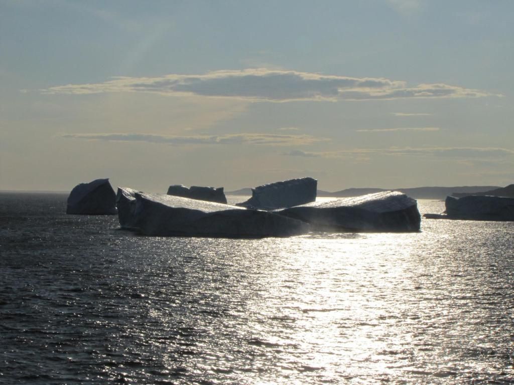 IJsbergen drijven op een zonovergoten zee bij zonsondergang, met glinsterend water en een bewolkte hemel.