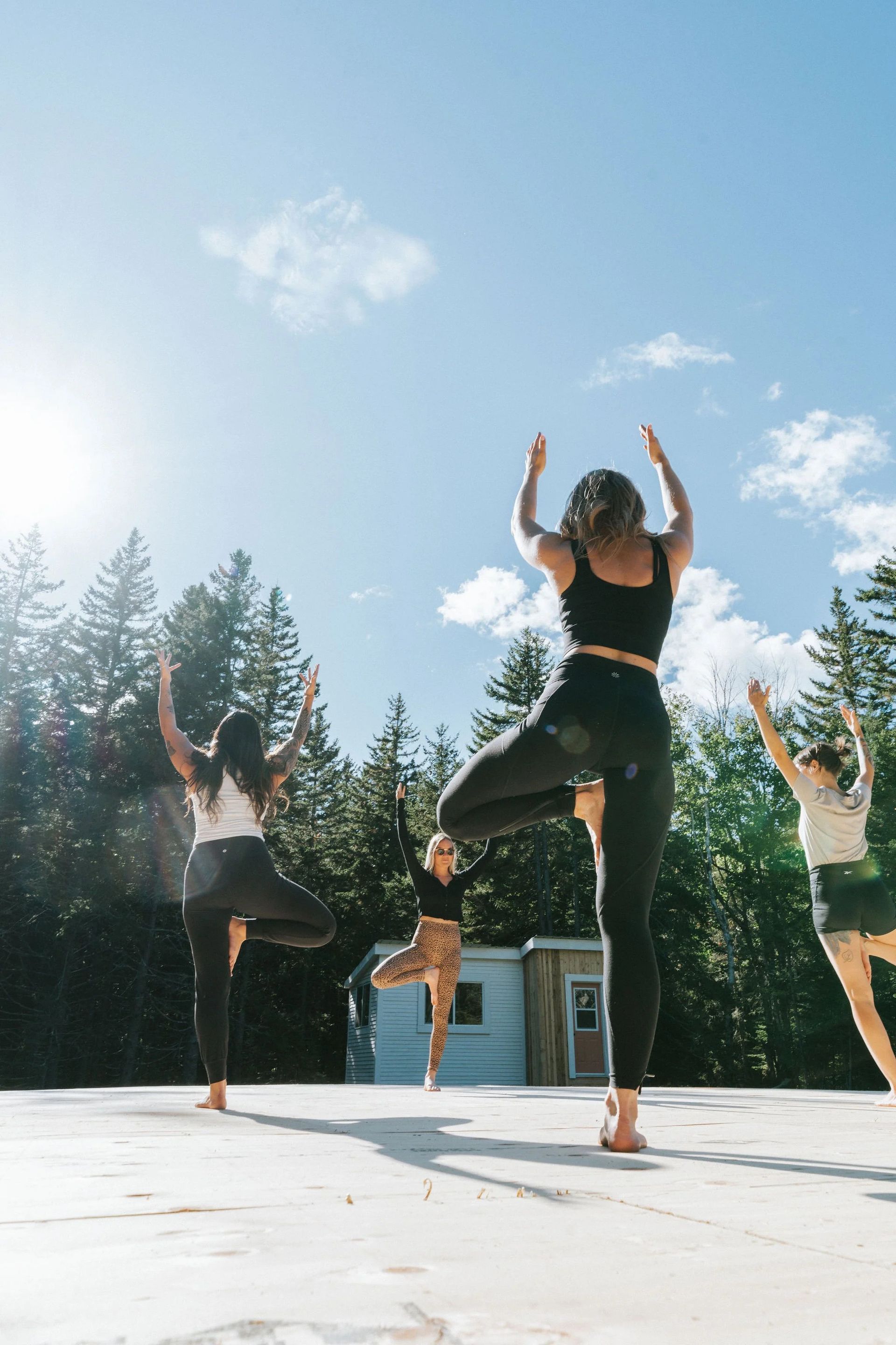 Mensen beoefenen yoga in de buitenlucht op een zonnig podium, met bomen en een blauwe lucht op de achtergrond.