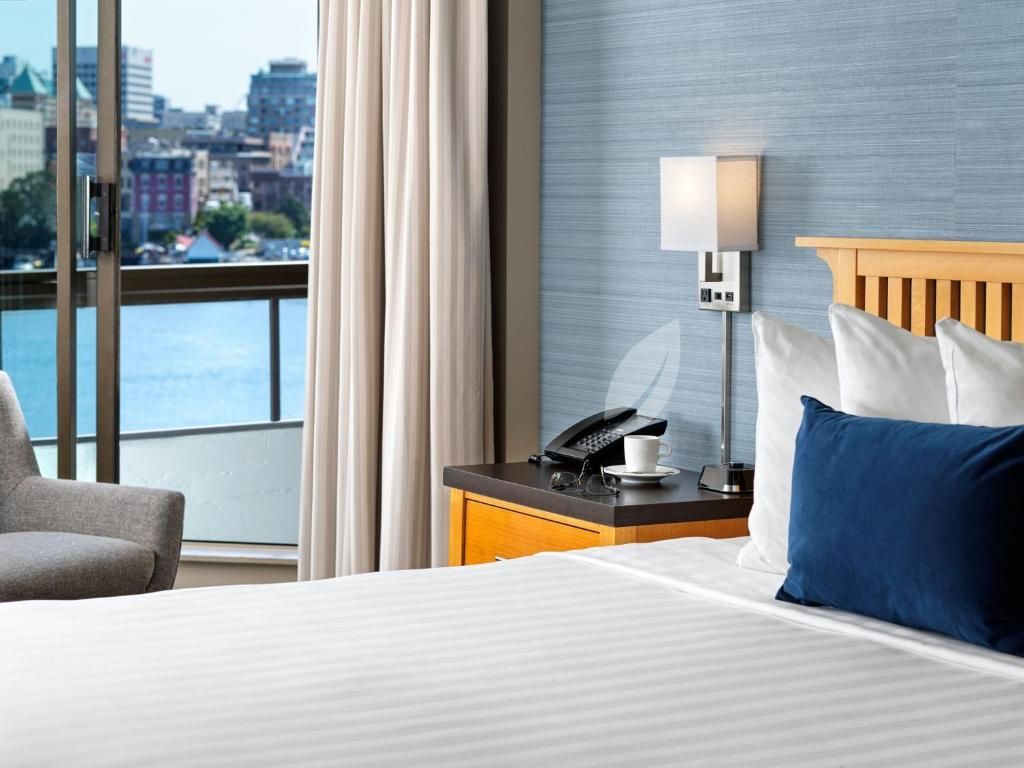 Hotelkamer met kingsize bed, blauw sierkussen, uitzicht vanuit het raam en nachtlampje.