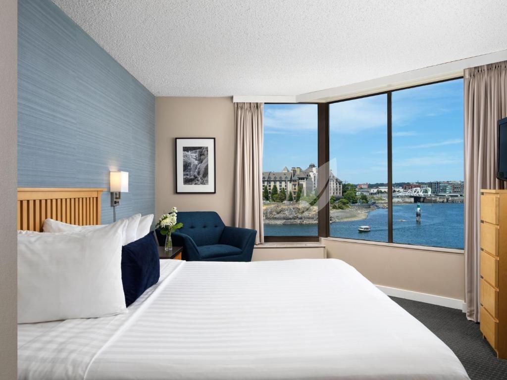 Lichte hotelkamer met kingsize bed en uitzicht op de baai door grote ramen.