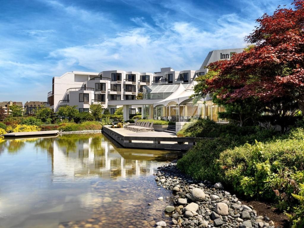 Modern gebouw naast een vijver, met een stenen pad, groen en een boom met rode bladeren onder een blauwe hemel.