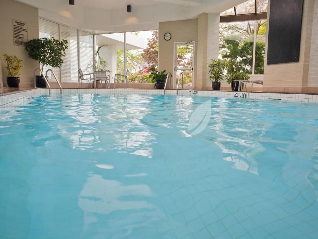 Binnenzwembad met turquoise water, grote ramen en potplanten in een lichte loungeruimte.