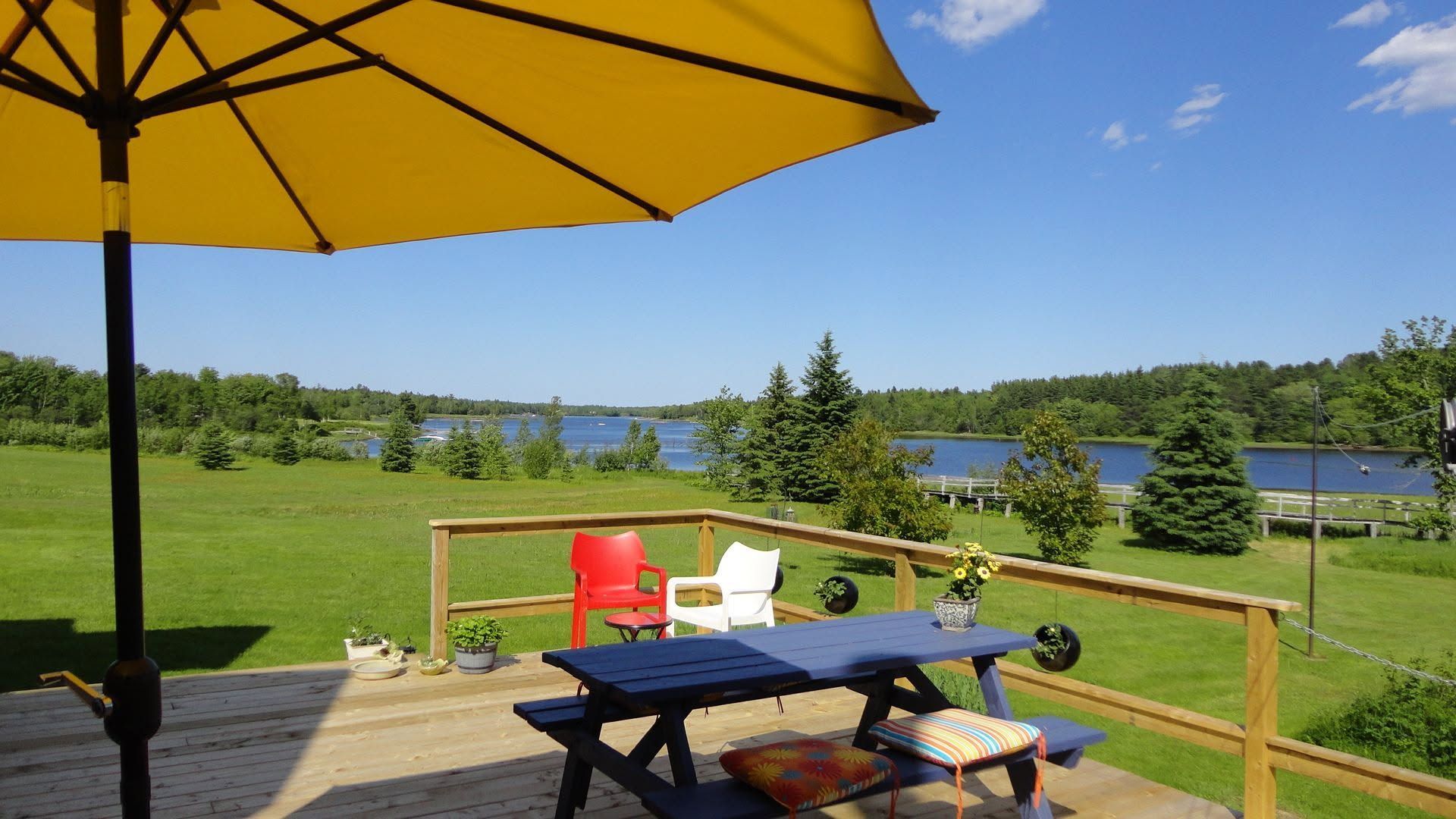 Terras met blauwe tafel, gele parasol, rode en witte stoelen, met uitzicht op een grasrijk meer.