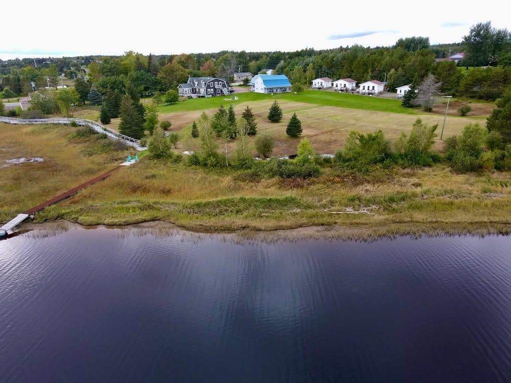 Luchtfoto van een grasrijk perceel aan een meer met verspreide huizen en een kleine aanlegsteiger langs de oever.