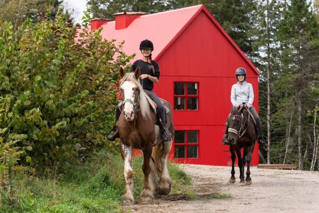Twee ruiters te paard bij een felrode schuur op een zandpad omgeven door bomen.